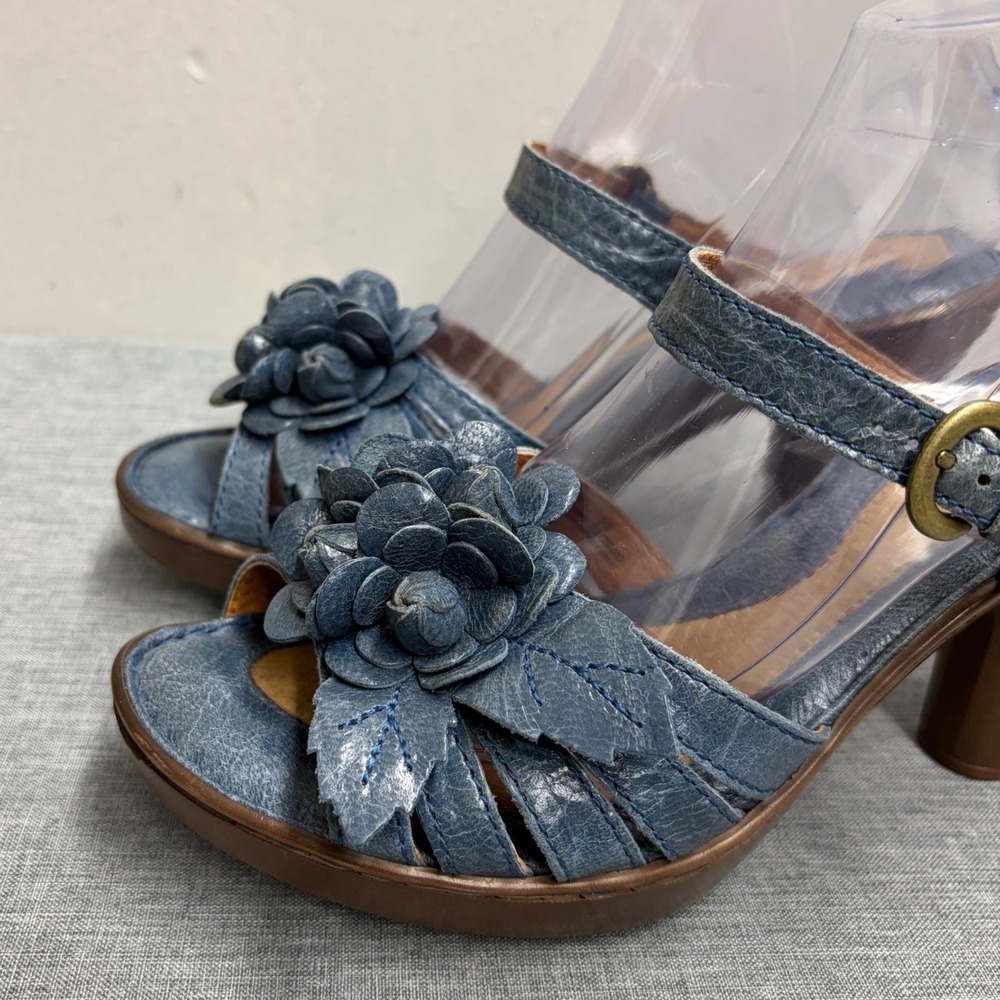 Born Sandals Women 8 Blue W42172 Leather Floral Applique Platform Block Heel - Picture 2 of 14